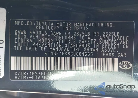 2012 Toyota Camry Le из США, поврежденный, VIN 4T1BF1FK6CU081665